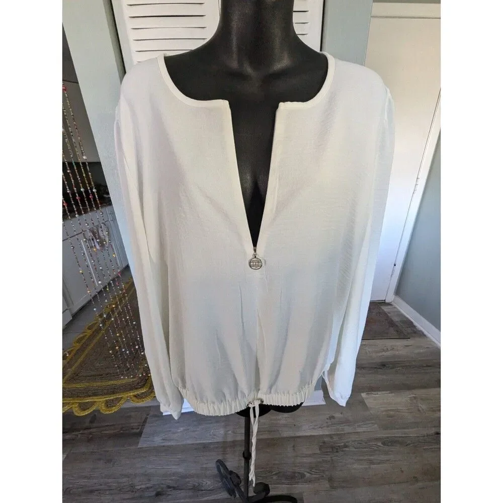 Tommy Hilfiger XL White Textured Drawstring Shirt Top Gold Zip Up Logo - Picture 3 of 8